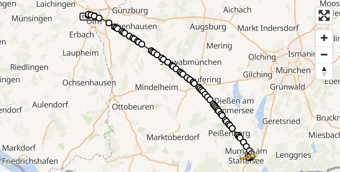 Flugroute Rettungshubschrauber Ulm Military Hospital Emergency - Murnau Accident Hospital, 11 März 2026, 15:43