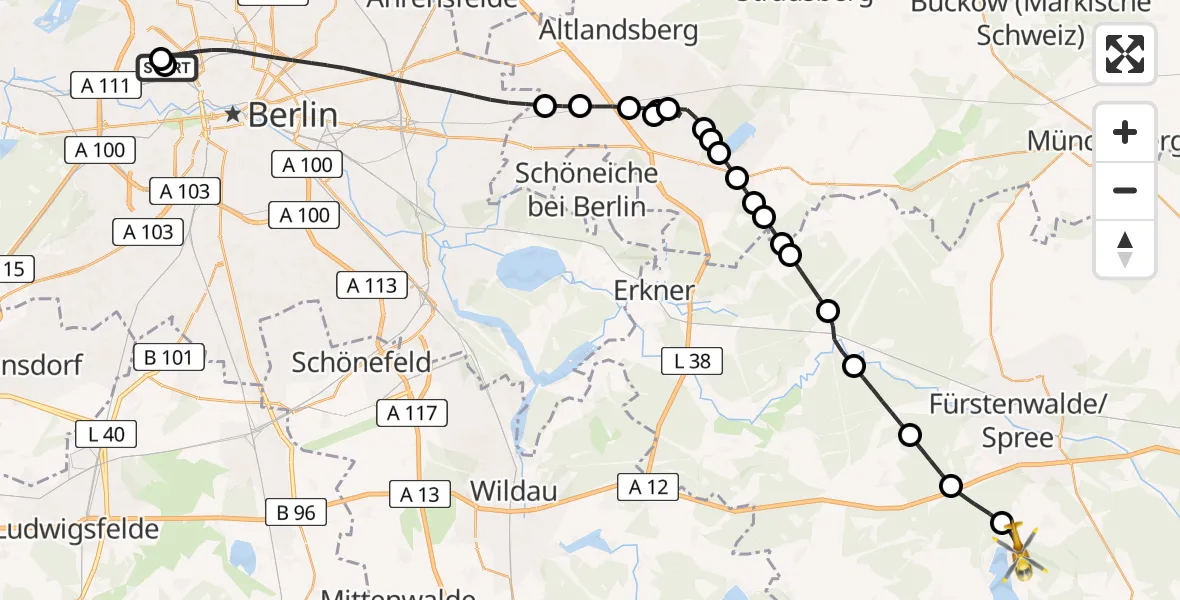Flugroute Rettungshubschrauber Charité Clinic Virchow Campus - Bad Saarow, 11 März 2026, 15:49