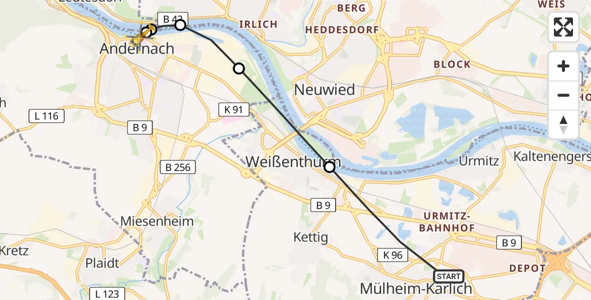 Flugroute Rettungshubschrauber Mülheim-Kärlich - Sankt-Nikolaus Diocesan Hospital, 11 März 2026, 15:53