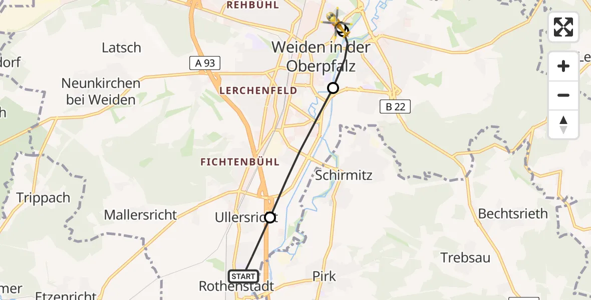 Flugroute Rettungshubschrauber Rothenstadt - Weiden Hospital, 11 März 2026, 16:09