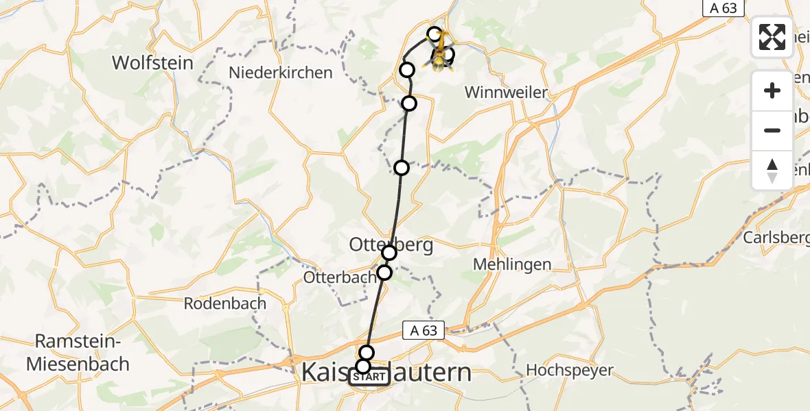 Flugroute Rettungshubschrauber Westpfalz Hospital Kaiserslautern - Imsweiler, 11 März 2026, 16:10