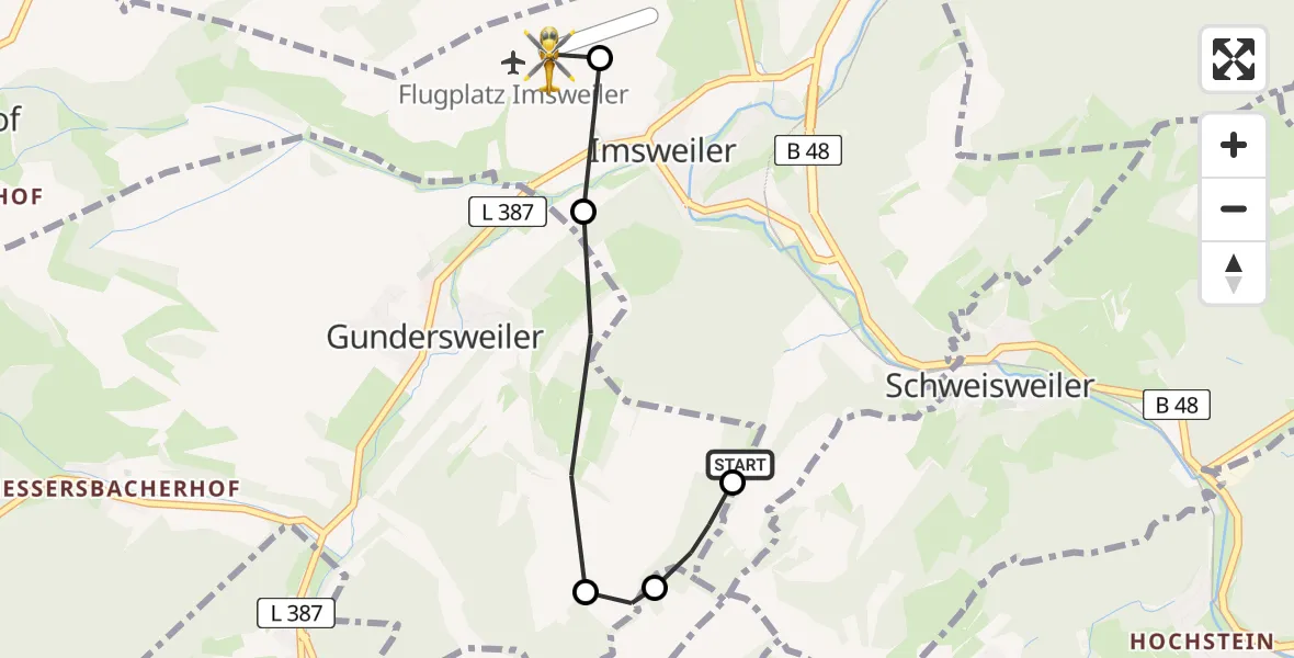 Flugroute Rettungshubschrauber Gundersweiler - Imsweiler UL, 11 März 2026, 16:24