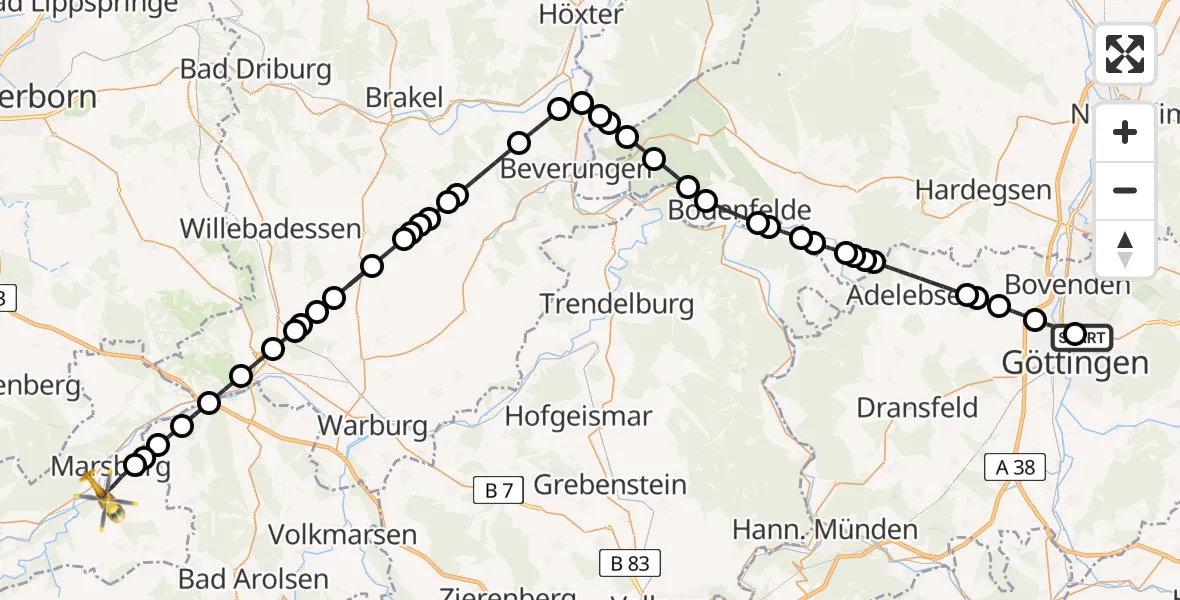 Flugroute Ambulanzhubschrauber Göttingen University Clinic Heliport - Marsberg, 11 März 2026, 16:29