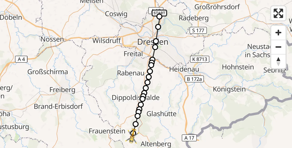 Flugroute Rettungshubschrauber Dresden Airport - Schönfeld, 11 März 2026, 16:30