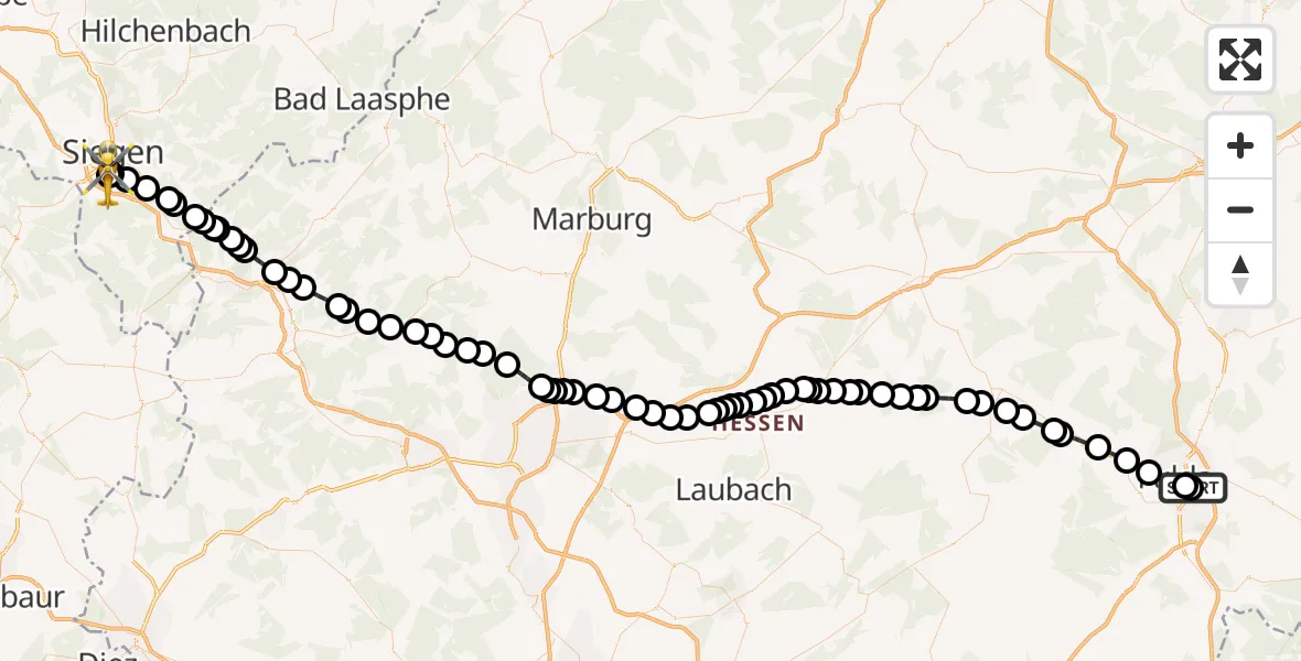 Flugroute Rettungshubschrauber Fulda Hospital - Evangelisches Jung-Stilling Hospital, 11 März 2026, 16:31