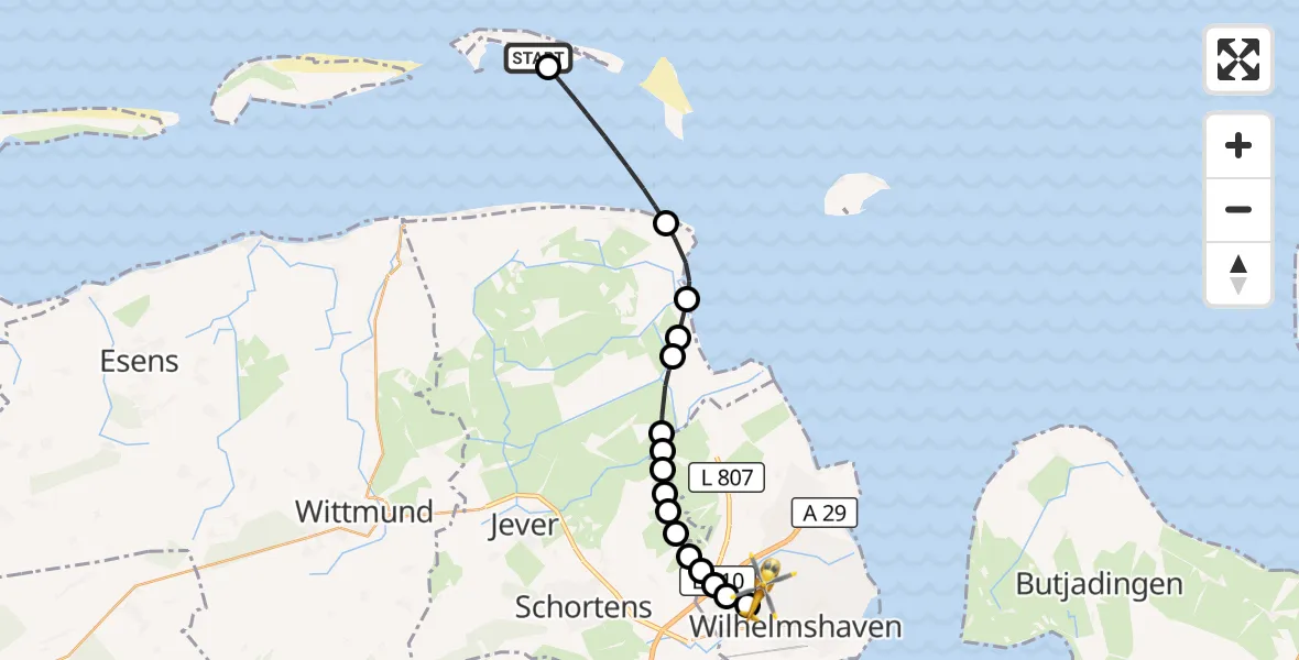 Flugroute Rettungshubschrauber Wangerooge Airport - Wilhelmshaven, 11 März 2026, 16:33