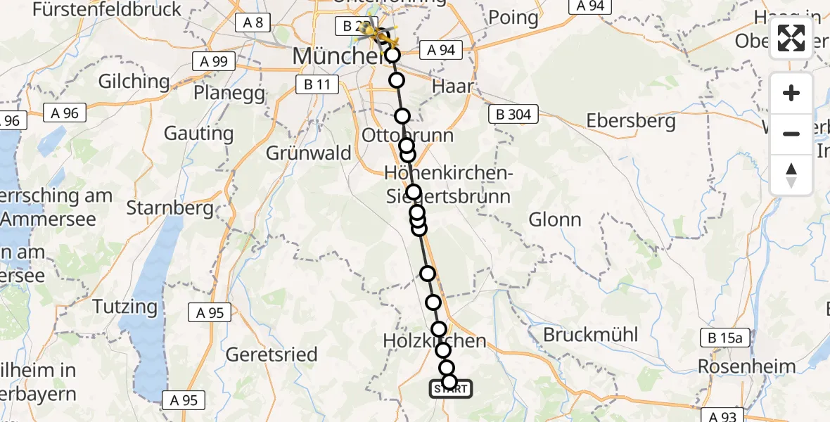 Flugroute Ambulanzhubschrauber Osterwarngau - München Bogenhausen Hospital, 11 März 2026, 16:40