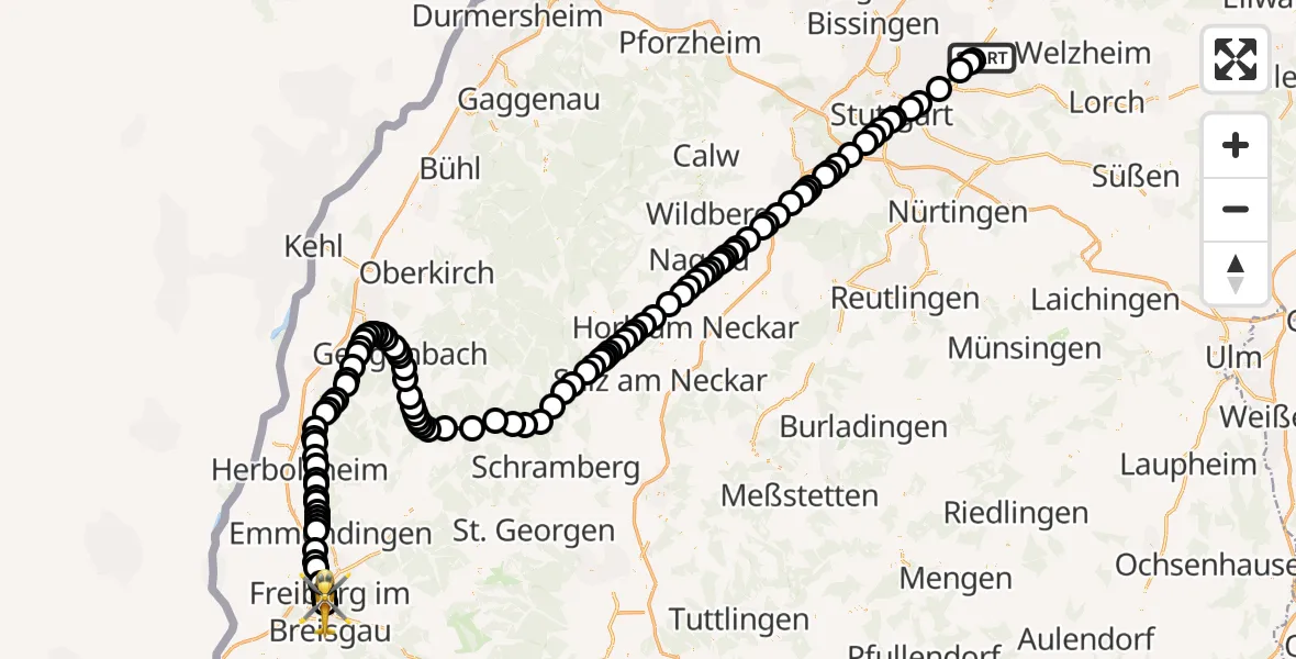 Routekaart van de vlucht: Rettungshubschrauber nach Freiburg University Hospital Heliport 1