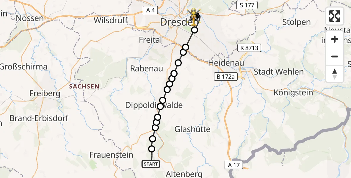 Flugroute Rettungshubschrauber Schönfeld - Dresden University Hospital, 11 März 2026, 17:13