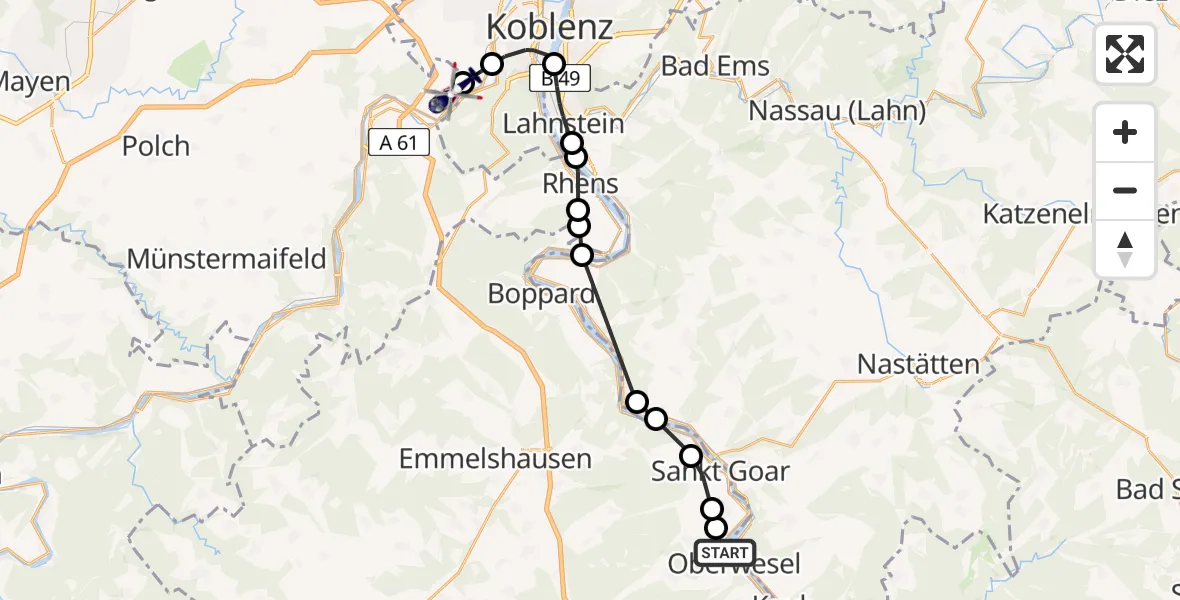 Flugroute Polizeihubschrauber Oberwesel - Koblenz-Winningen Airfield, 11 März 2026, 17:19