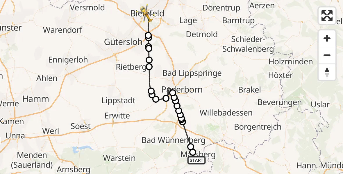 Flugroute Ambulanzhubschrauber Marsberg - Bielefeld, 11 März 2026, 17:20