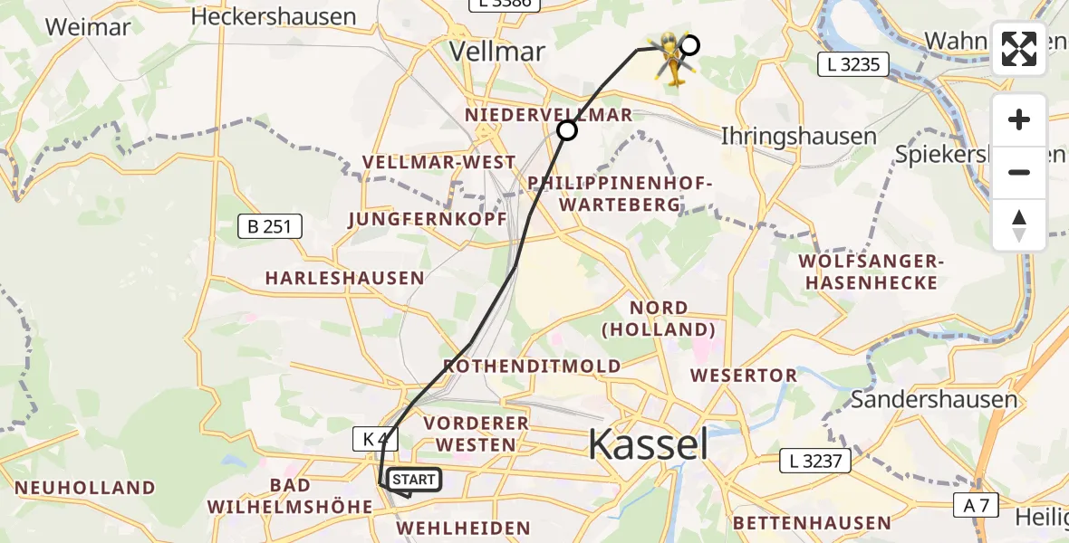 Routekaart van de vlucht: Rettungshubschrauber nach Fuldatal Federal Police Heliport