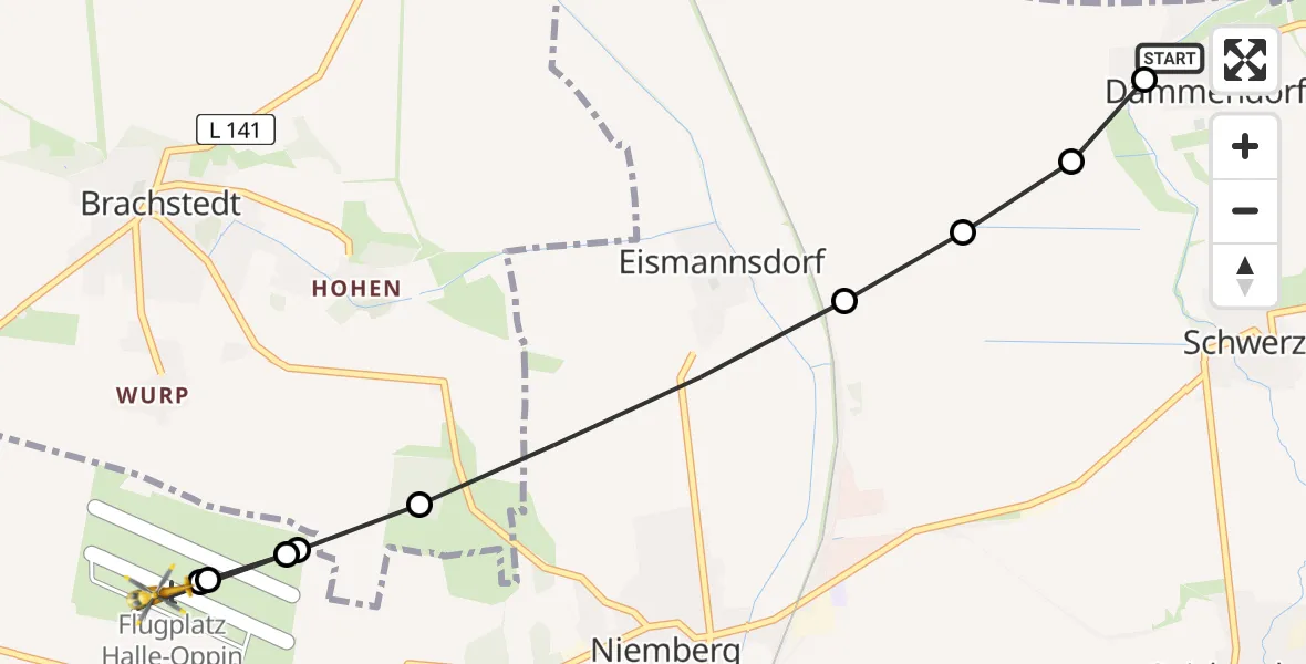 Flugroute Rettungshubschrauber Schwerz - Halle-Oppin Airfield, 11 März 2026, 17:24