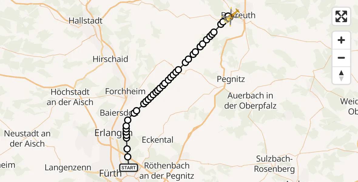 Routekaart van de vlucht: Ambulanzhubschrauber nach Bayreuth, Rheinstraße