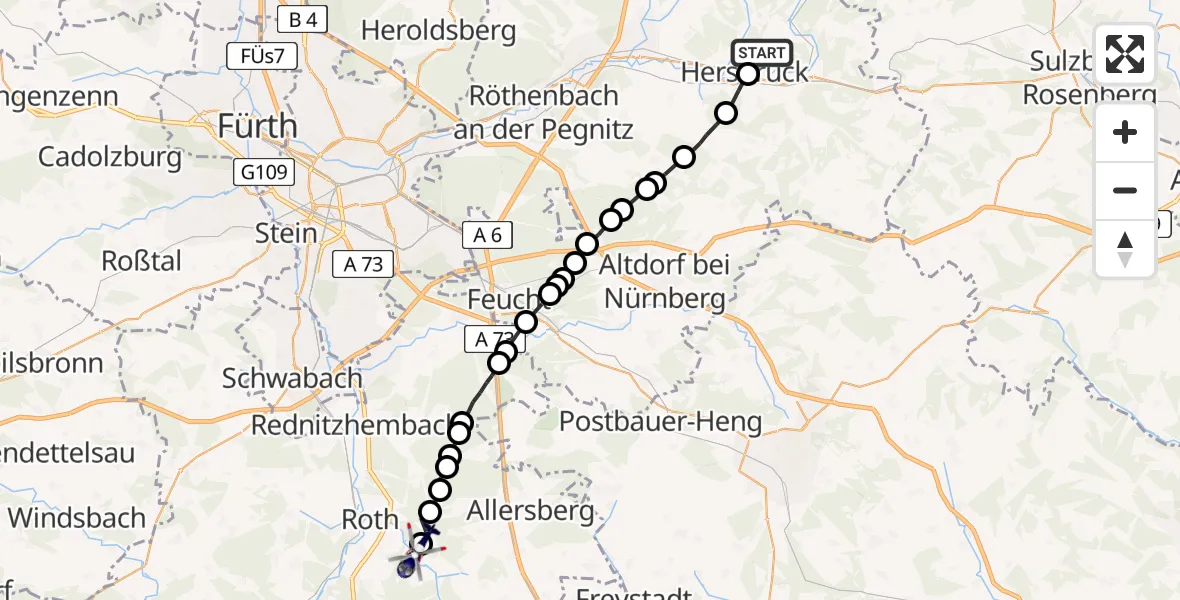 Flugroute Polizeihubschrauber Hersbruck - Eckersmühlen, 11 März 2026, 19:20