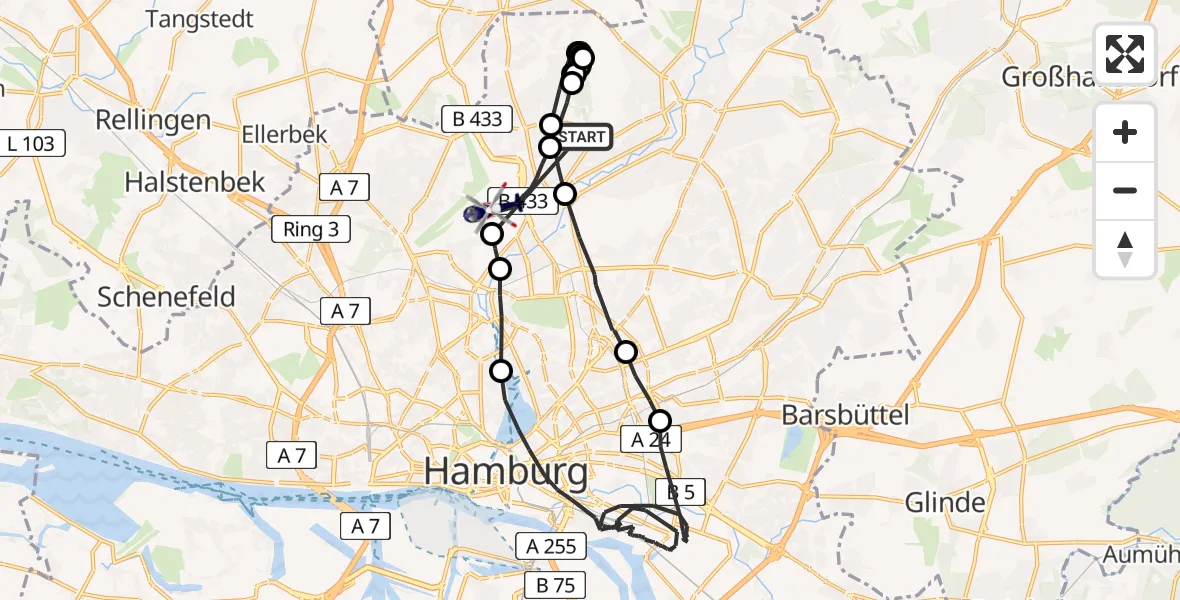 Flugroute Polizeihubschrauber Wandsbek - Hamburg Helmut Schmidt Airport, 11 März 2026, 19:21