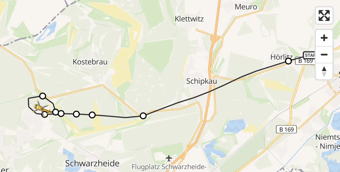 Flugroute Ambulanzhubschrauber Senftenberg - Lauchhammer, 11 März 2026, 20:18