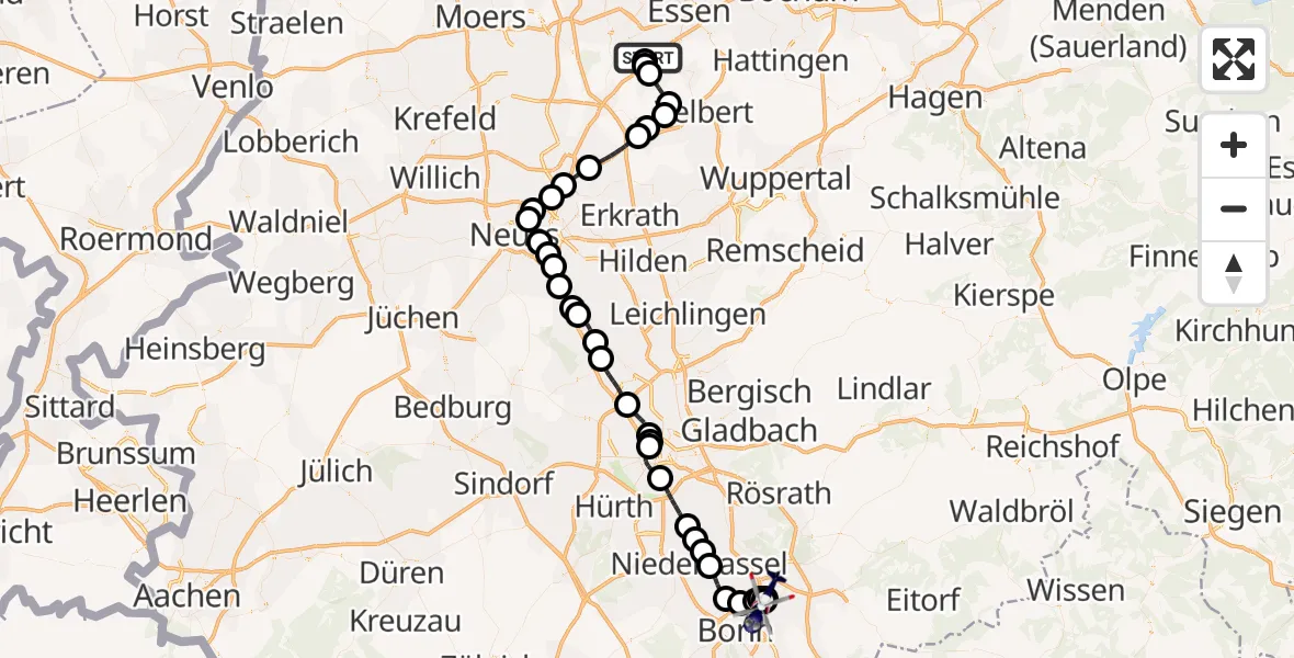 Flugroute Polizeihubschrauber Essen-Mülheim Airport - Sankt Augustin, 11 März 2026, 20:28