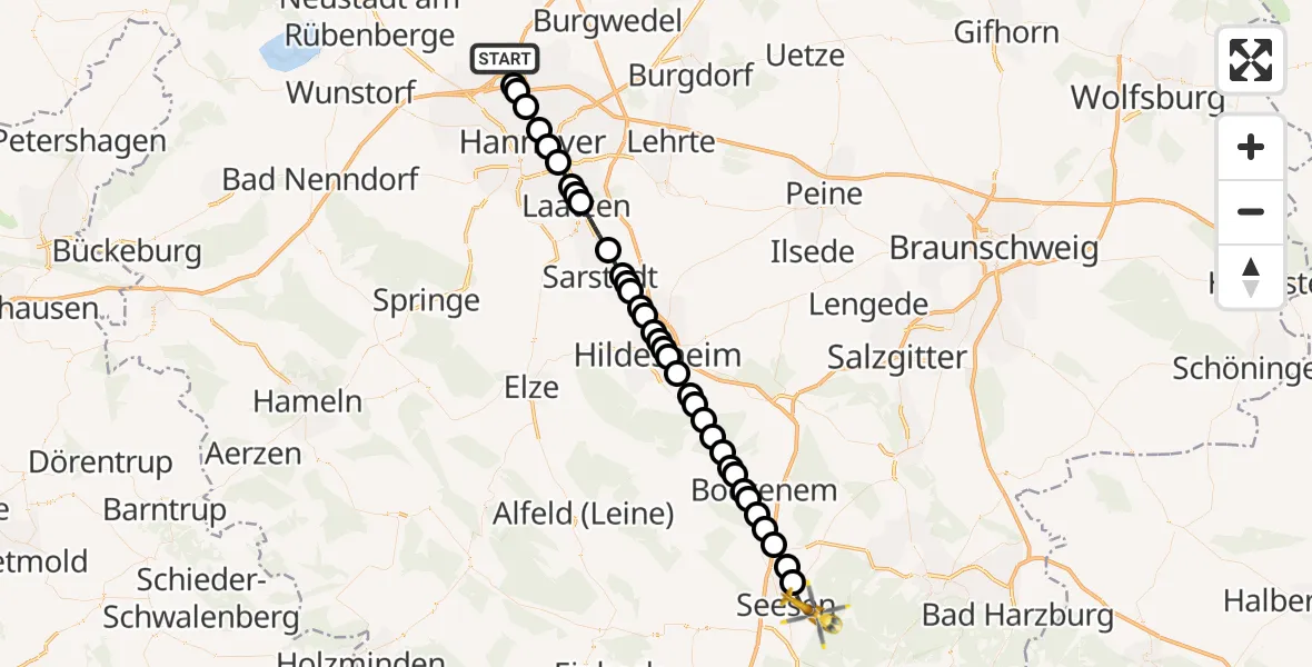 Flugroute Ambulanzhubschrauber Hannover Airport - Seesen, 11 März 2026, 21:03