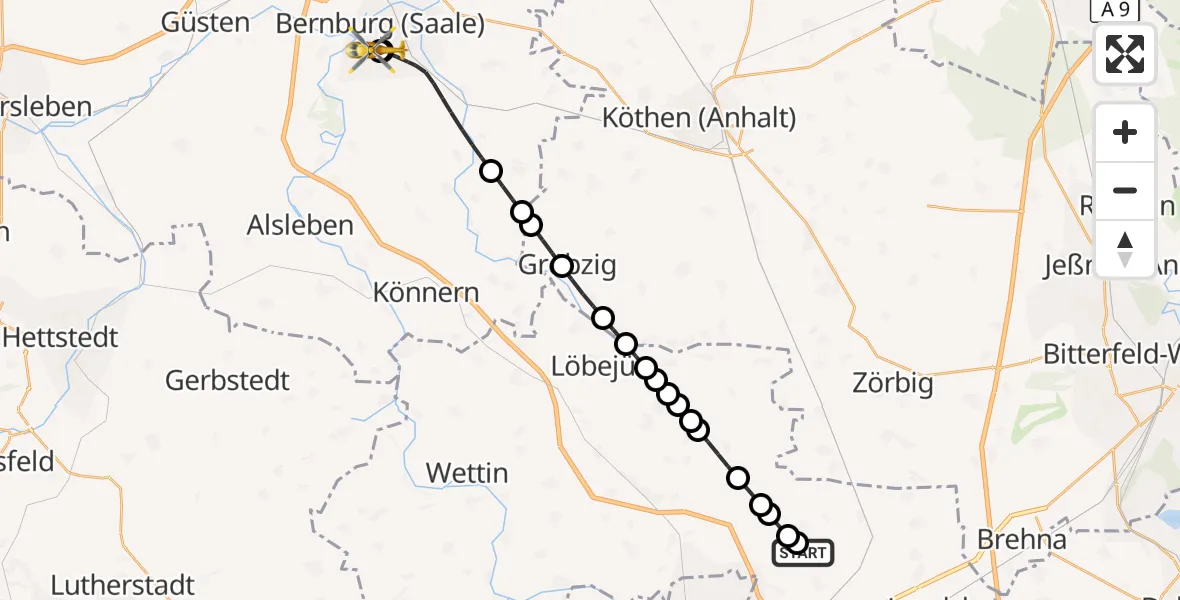 Flugroute Ambulanzhubschrauber Halle-Oppin Airfield - AMEOS Hospital Bernburg, 11 März 2026, 21:07