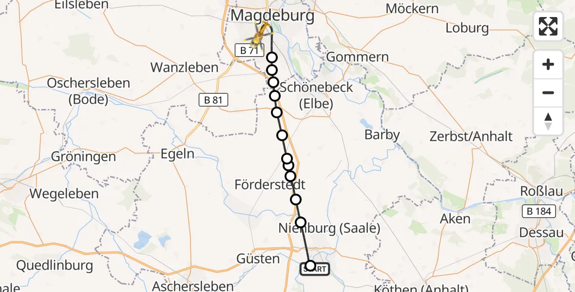Flugroute Ambulanzhubschrauber AMEOS Hospital Bernburg - Magdeburg, 11 März 2026, 21:56