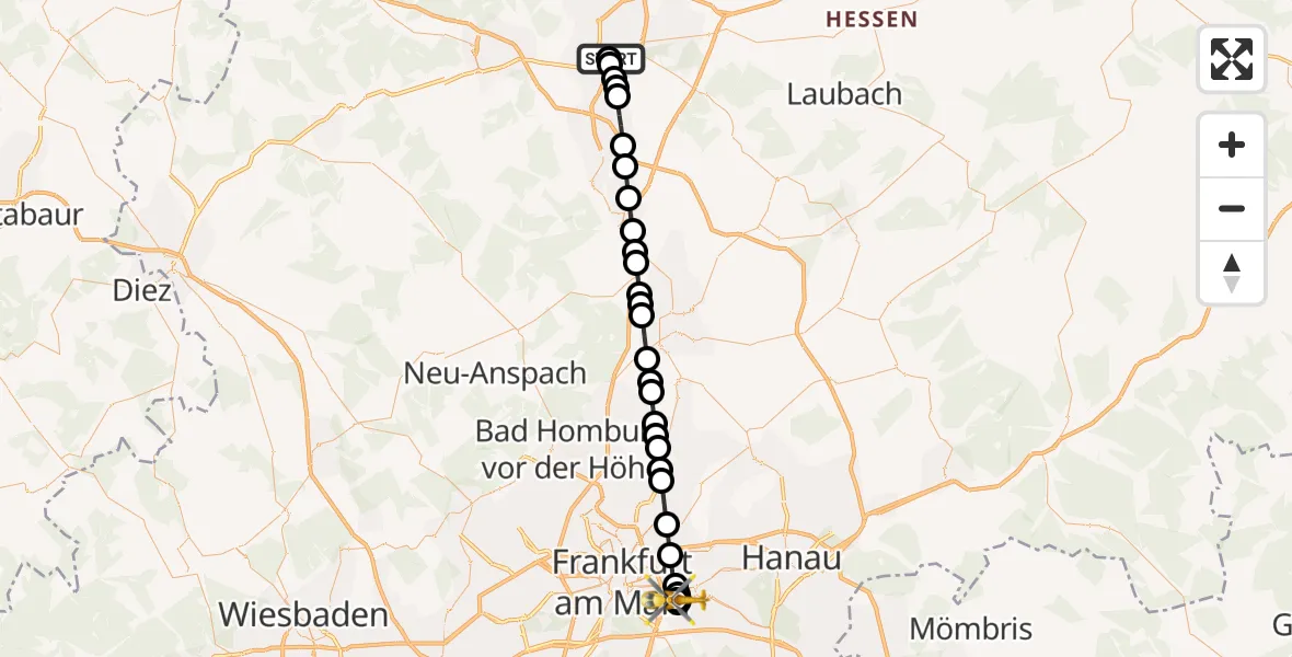 Flugroute Rettungshubschrauber Gießen University Hospital - Sana Hospital Offenbach, 11 März 2026, 22:40