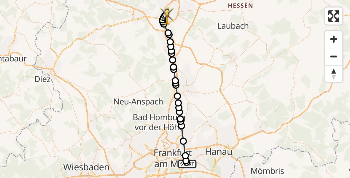 Flugroute Rettungshubschrauber Sana Hospital Offenbach - Gießen, 11 März 2026, 23:30