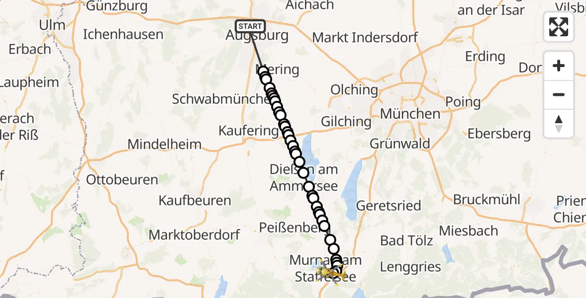 Flugroute Ambulanzhubschrauber Augsburg - Murnau am Staffelsee, 12 März 2026, 00:37