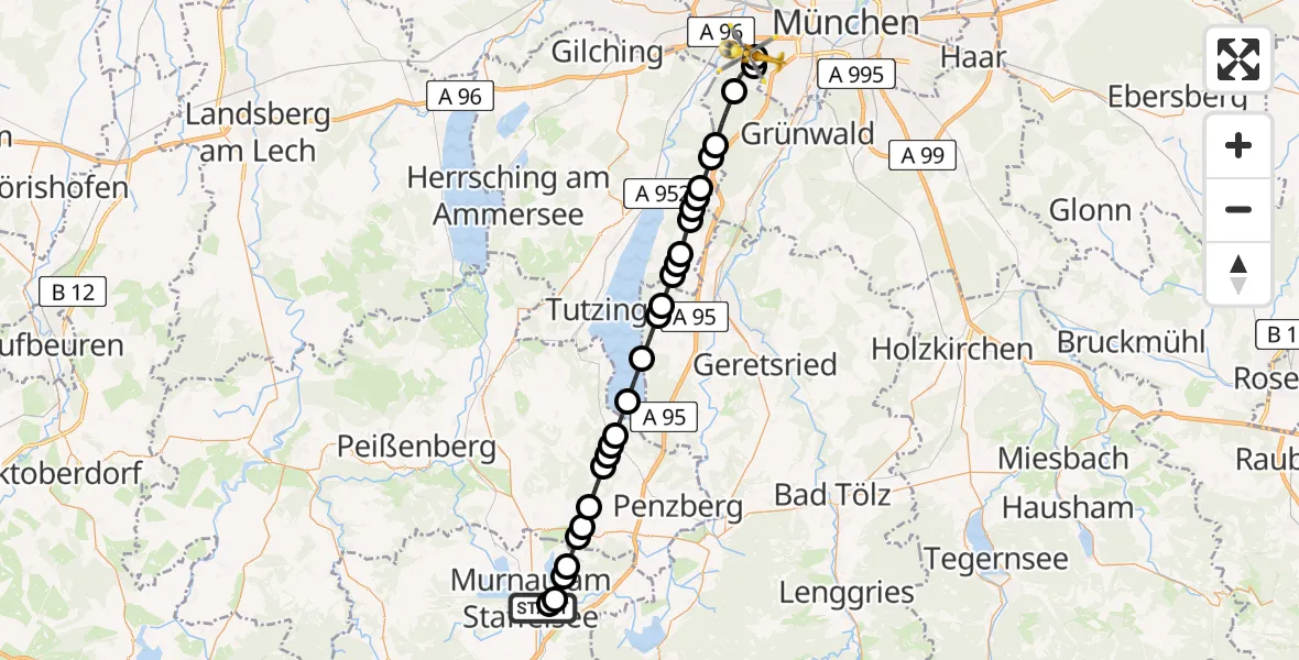 Flugroute Ambulanzhubschrauber Murnau Accident Hospital - DRF Air Rescue München Heliport, 12 März 2026, 01:32