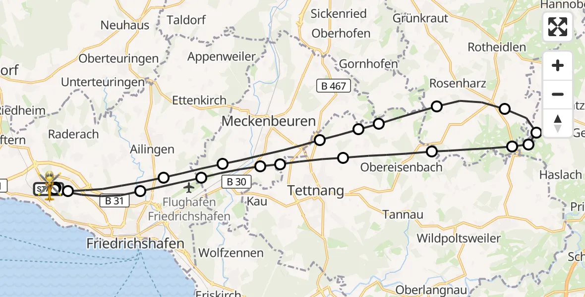 Flugroute Rettungshubschrauber Friedrichshafen Hospital - Friedrichshafen Hospital, 12 März 2026, 06:48