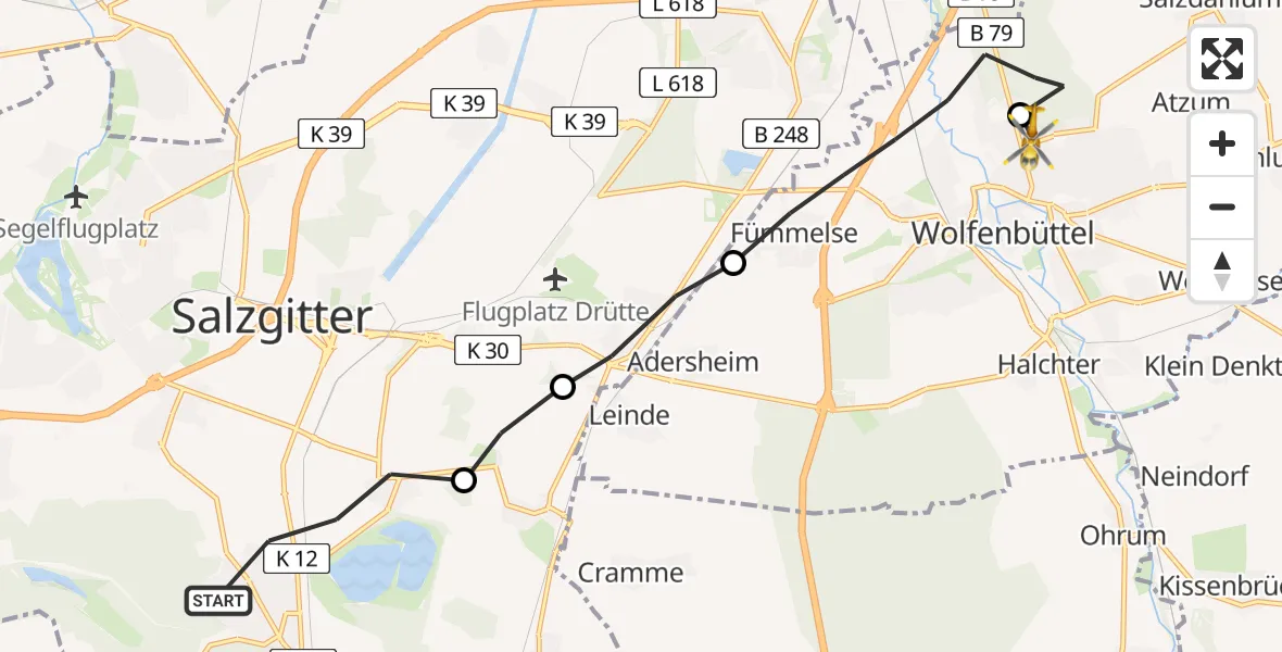Flugroute Rettungshubschrauber Ortschaft West - Wolfenbüttel, 12 März 2026, 06:49