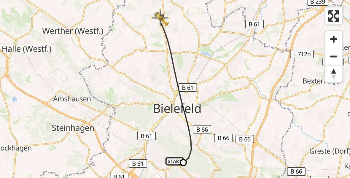 Flugroute Rettungshubschrauber Luftrettungszentrum Bielefeld - Bielefeld, 12 März 2026, 06:55