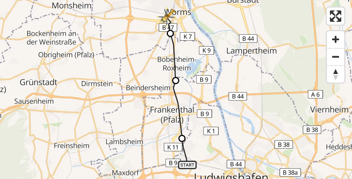 Flugroute Rettungshubschrauber Ludwigshafen am Rhein - Worms, 12 März 2026, 07:02