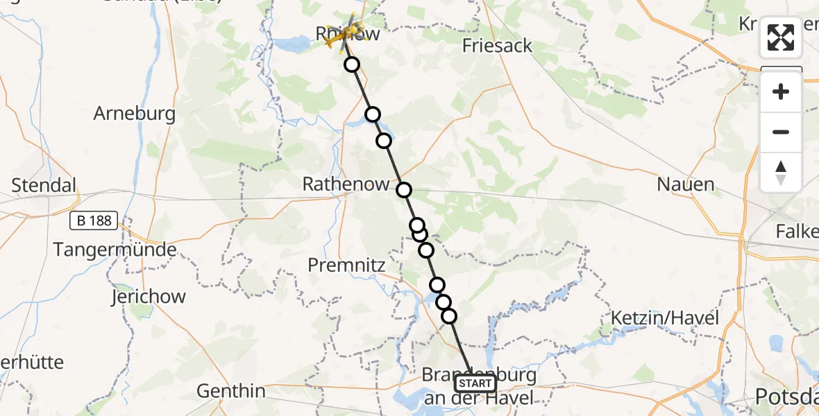 Flugroute Rettungshubschrauber Brandenburg an der Havel - Rhinow, 12 März 2026, 07:26