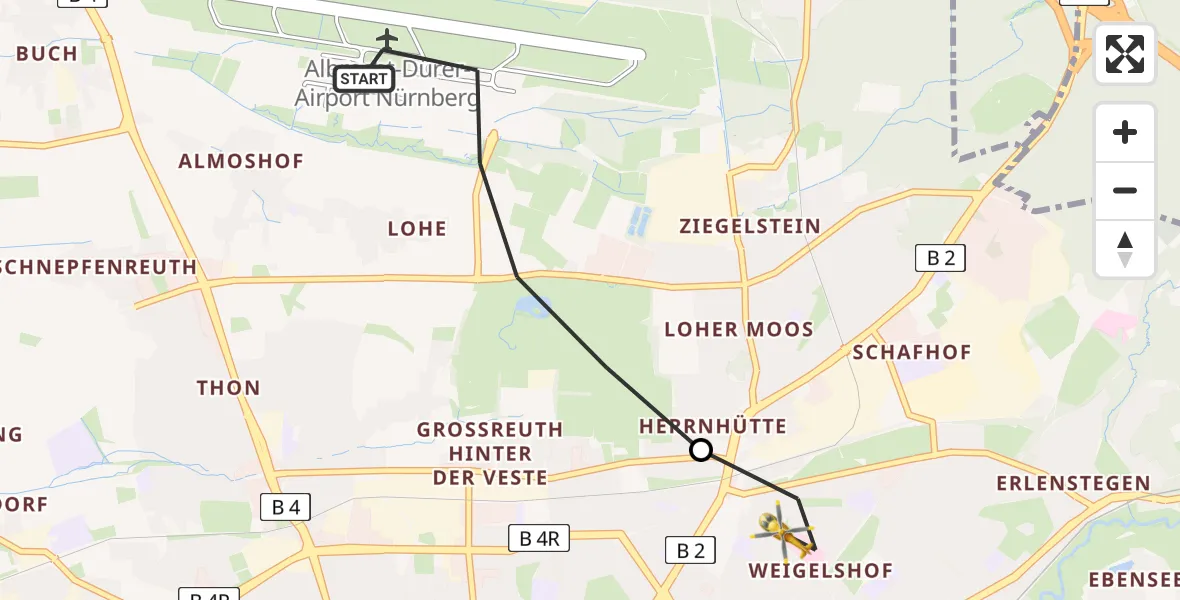 Flugroute Rettungshubschrauber Nuremberg Airport - Nürnberg, 12 März 2026, 07:28