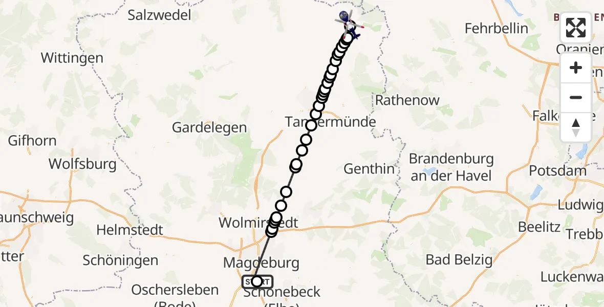 Flugroute Polizeihubschrauber Magdeburg City Airfield - Havelberg, 12 März 2026, 07:30