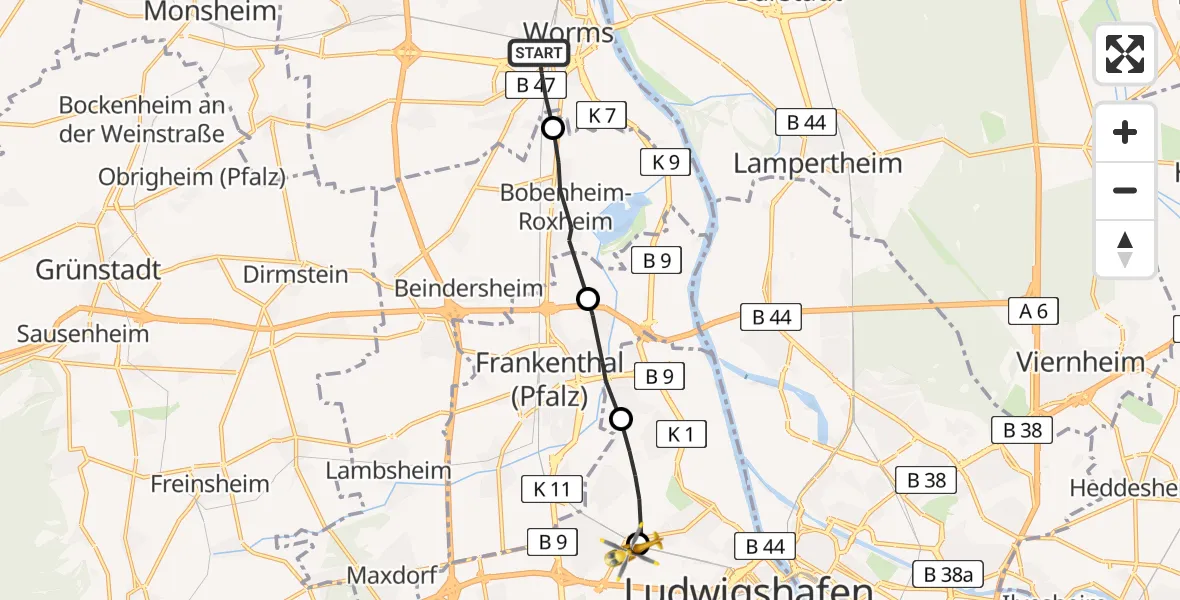 Flugroute Rettungshubschrauber Worms - Ludwigshafen Accident Hospital, 12 März 2026, 07:32