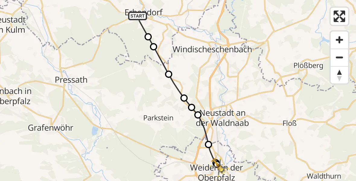 Flugroute Rettungshubschrauber Erbendorf - Weiden Hospital, 12 März 2026, 07:37