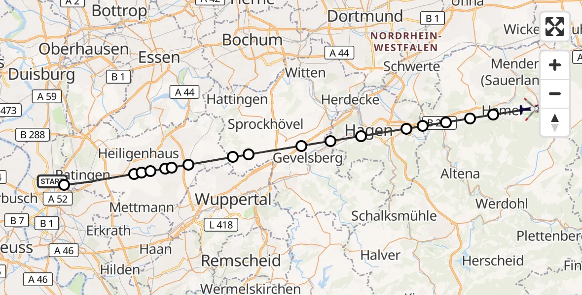 Flugroute Polizeihubschrauber Düsseldorf Airport - Hemer, 12 März 2026, 07:44