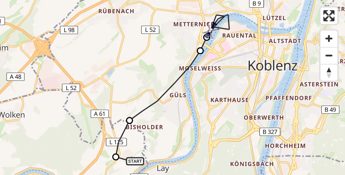 Routekaart van de vlucht: Polizeihubschrauber nach Koblenz, Universitätsstraße
