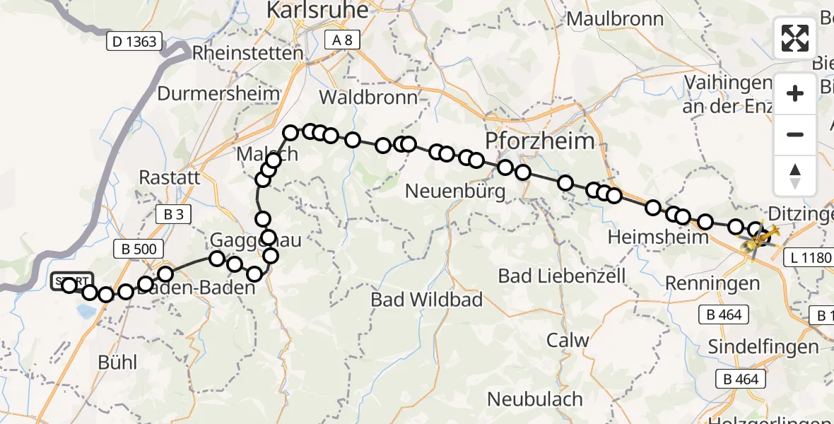 Flugroute Rettungshubschrauber Karlsruhe Baden-Baden Airport - Leonberg Hospital, 12 März 2026, 07:55
