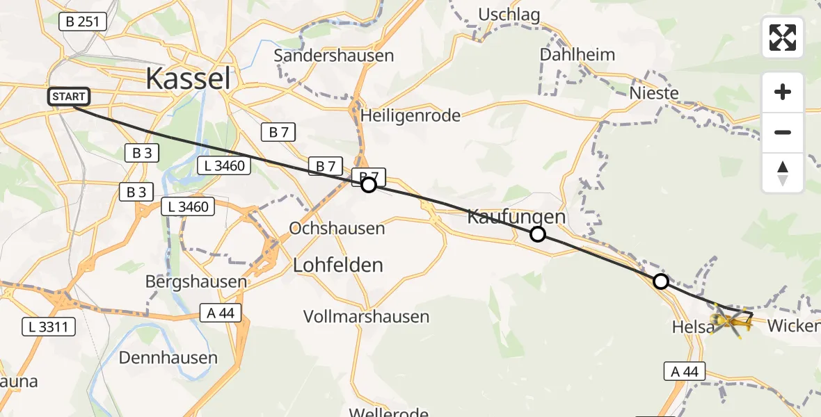 Flugroute Rettungshubschrauber Kassel - Helsa, 12 März 2026, 08:04