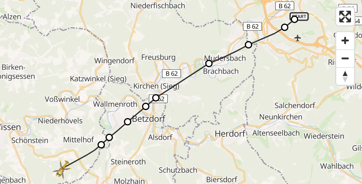 Flugroute Rettungshubschrauber Evangelisches Jung-Stilling Hospital - Wissen, 12 März 2026, 08:15