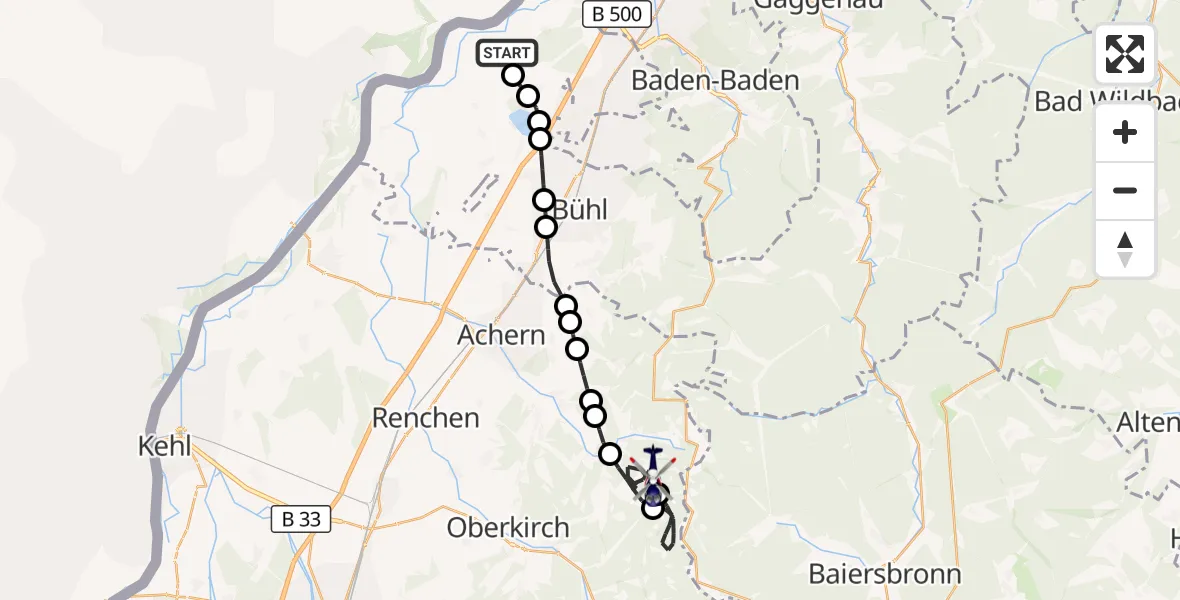 Flugroute Polizeihubschrauber Karlsruhe Baden-Baden Airport - Ottenhöfen, 12 März 2026, 08:15