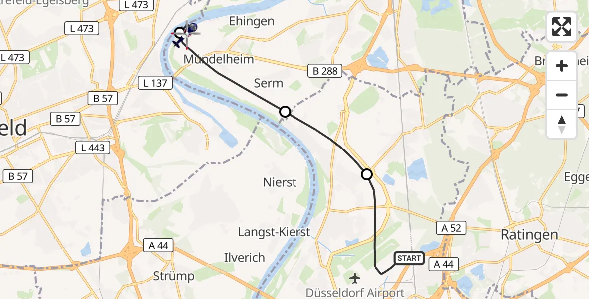 Flugroute Polizeihubschrauber Düsseldorf Airport - Krefeld-Uerdingen, 12 März 2026, 08:16