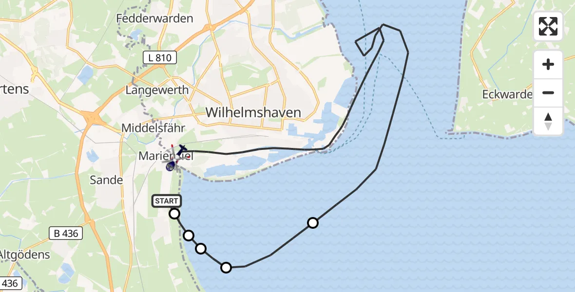 Flugroute Polizeihubschrauber Mariensiel - Wilhelmshaven, 12 März 2026, 08:17