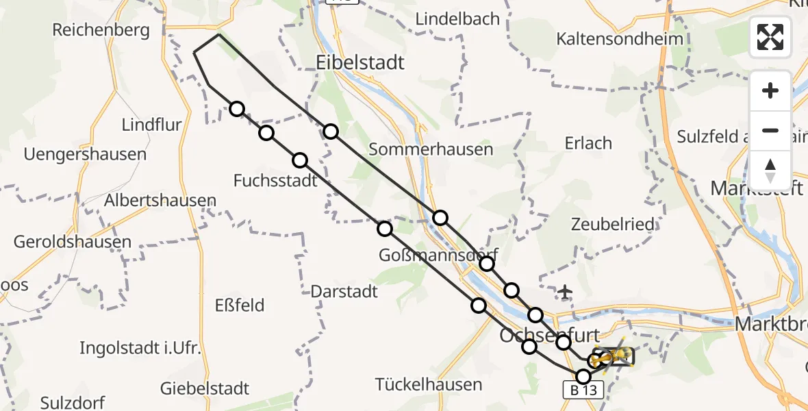 Flugroute Rettungshubschrauber Ochsenfurt Hospital - Ochsenfurt Hospital, 12 März 2026, 08:24