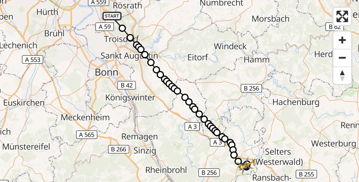 Flugroute Rettungshubschrauber Cologne Bonn Airport - Großmaischeid, 12 März 2026, 08:24