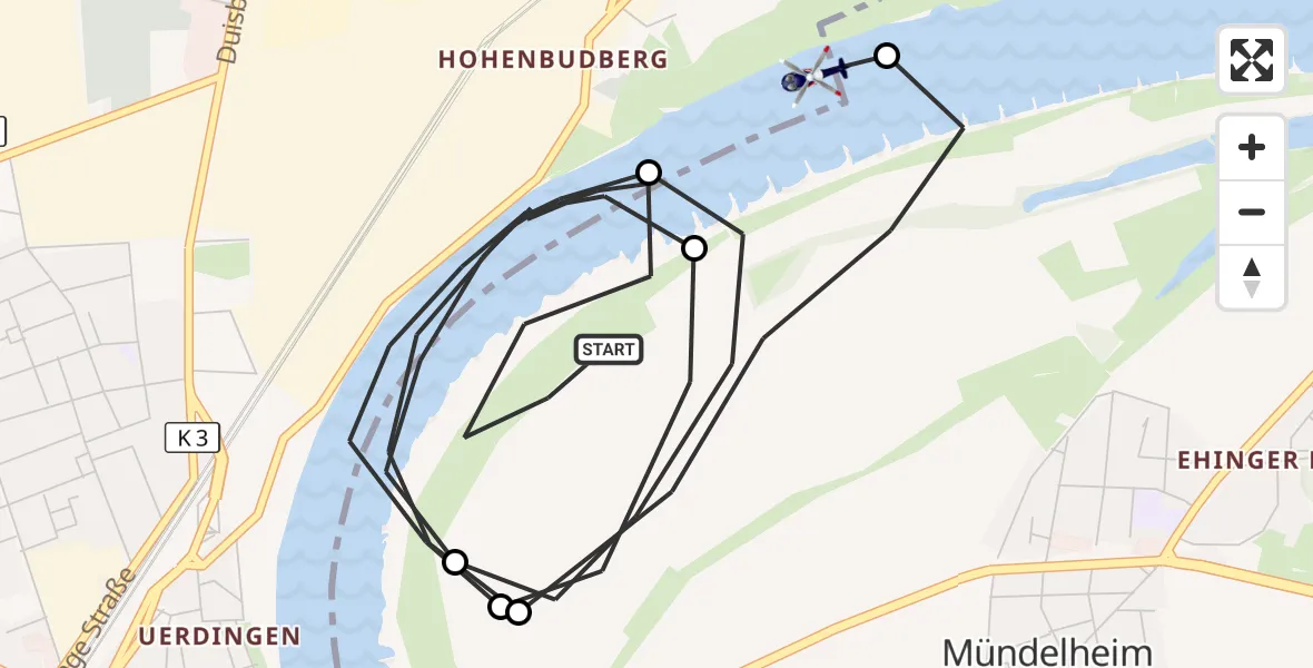 Flugroute Polizeihubschrauber Krefeld-Uerdingen - Rheinhausen, 12 März 2026, 08:30