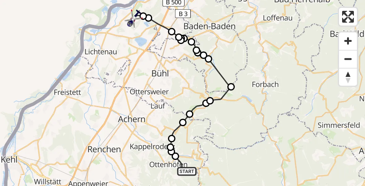 Routekaart van de vlucht: Polizeihubschrauber nach Karlsruhe Baden-Baden Airport